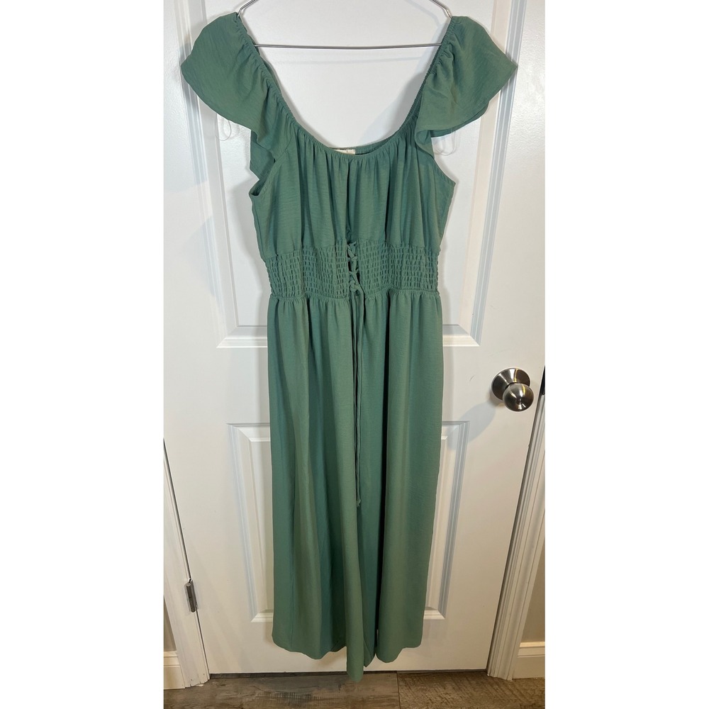Pie In The Sky Womens Jumpsuit Smocked Waist Ruffle Sleeve Sage Green Size Large